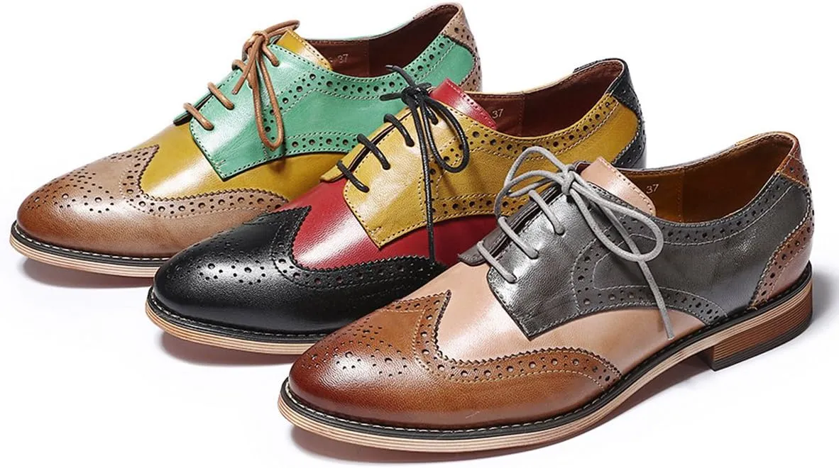 Mona flying Women's Comfortable Multicolored Wingtip Oxfords Brogue Lace-up Leather Shoes for Womens Ladies