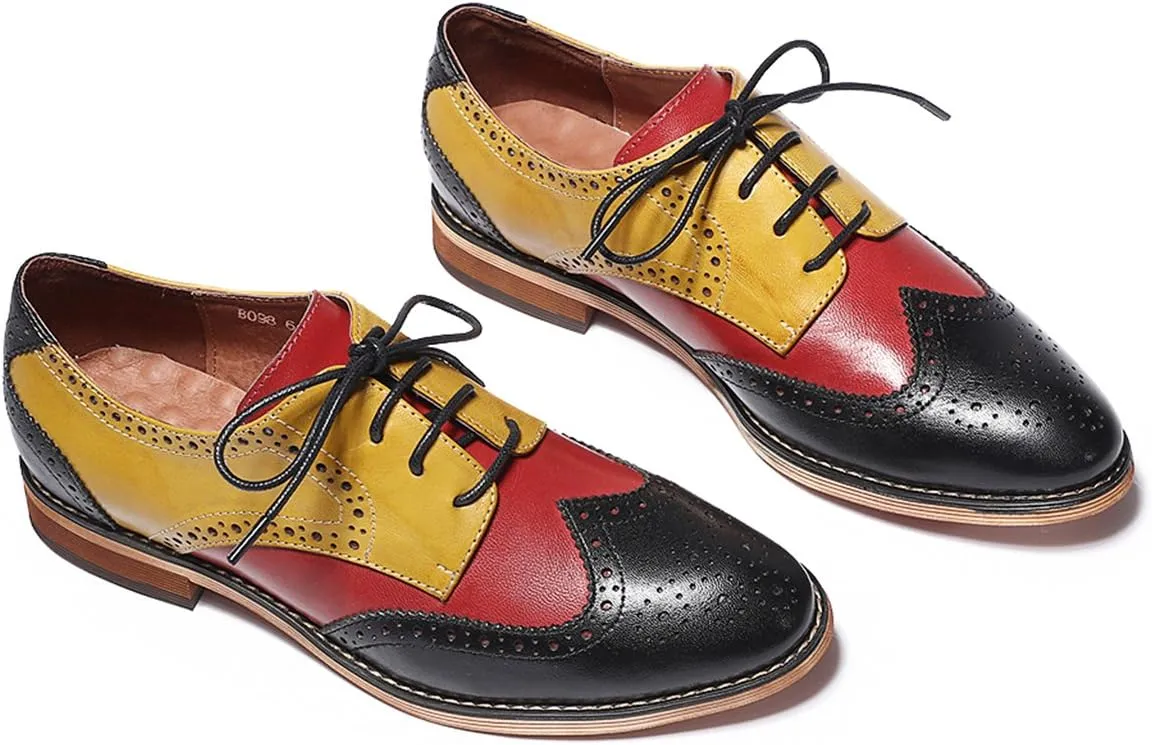 Mona flying Women's Comfortable Multicolored Wingtip Oxfords Brogue Lace-up Leather Shoes for Womens Ladies