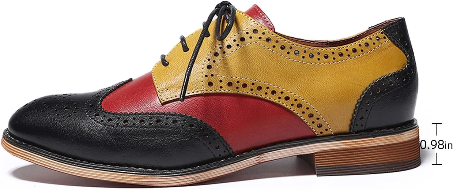 Mona flying Women's Comfortable Multicolored Wingtip Oxfords Brogue Lace-up Leather Shoes for Womens Ladies