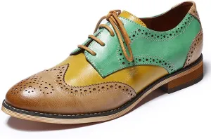 Mona flying Women's Comfortable Multicolored Wingtip Oxfords Brogue Lace-up Leather Shoes for Womens Ladies