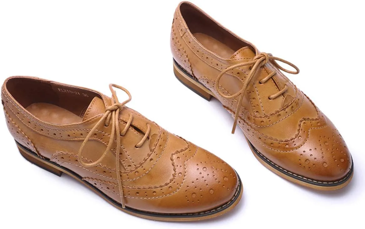 Mona flying Womens Handcrafted Comfy Wingtip Oxfords Brogue Ladies Lace up Leather Shoes