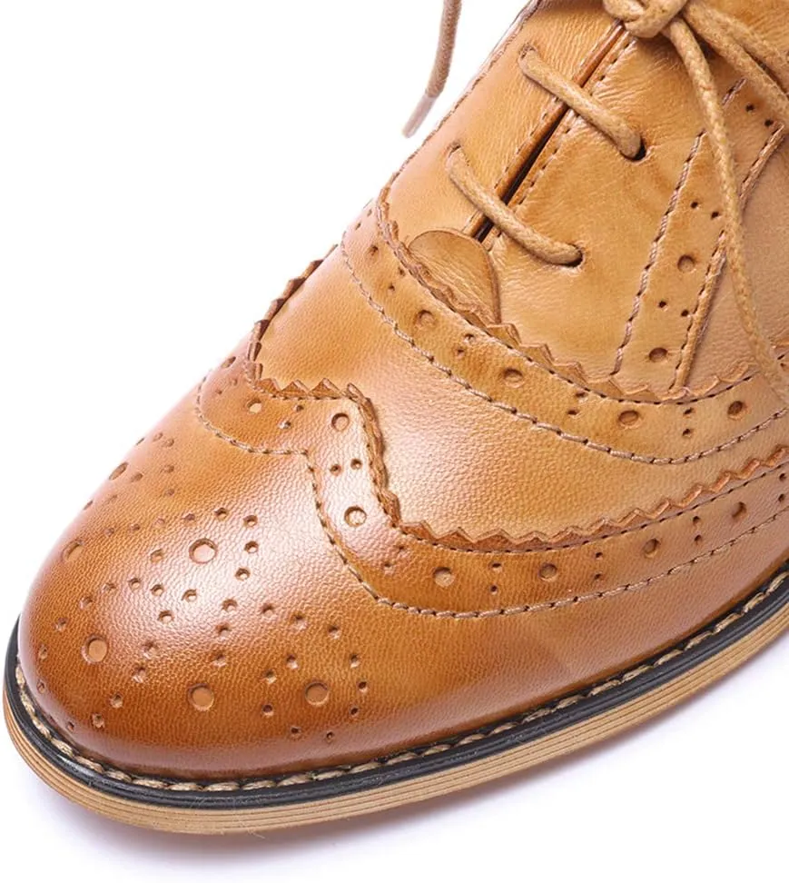 Mona flying Womens Handcrafted Comfy Wingtip Oxfords Brogue Ladies Lace up Leather Shoes