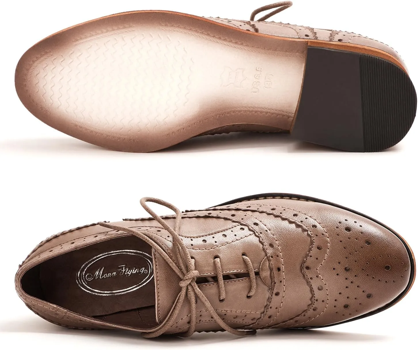 Mona flying Womens Handcrafted Comfy Wingtip Oxfords Brogue Ladies Lace up Leather Shoes