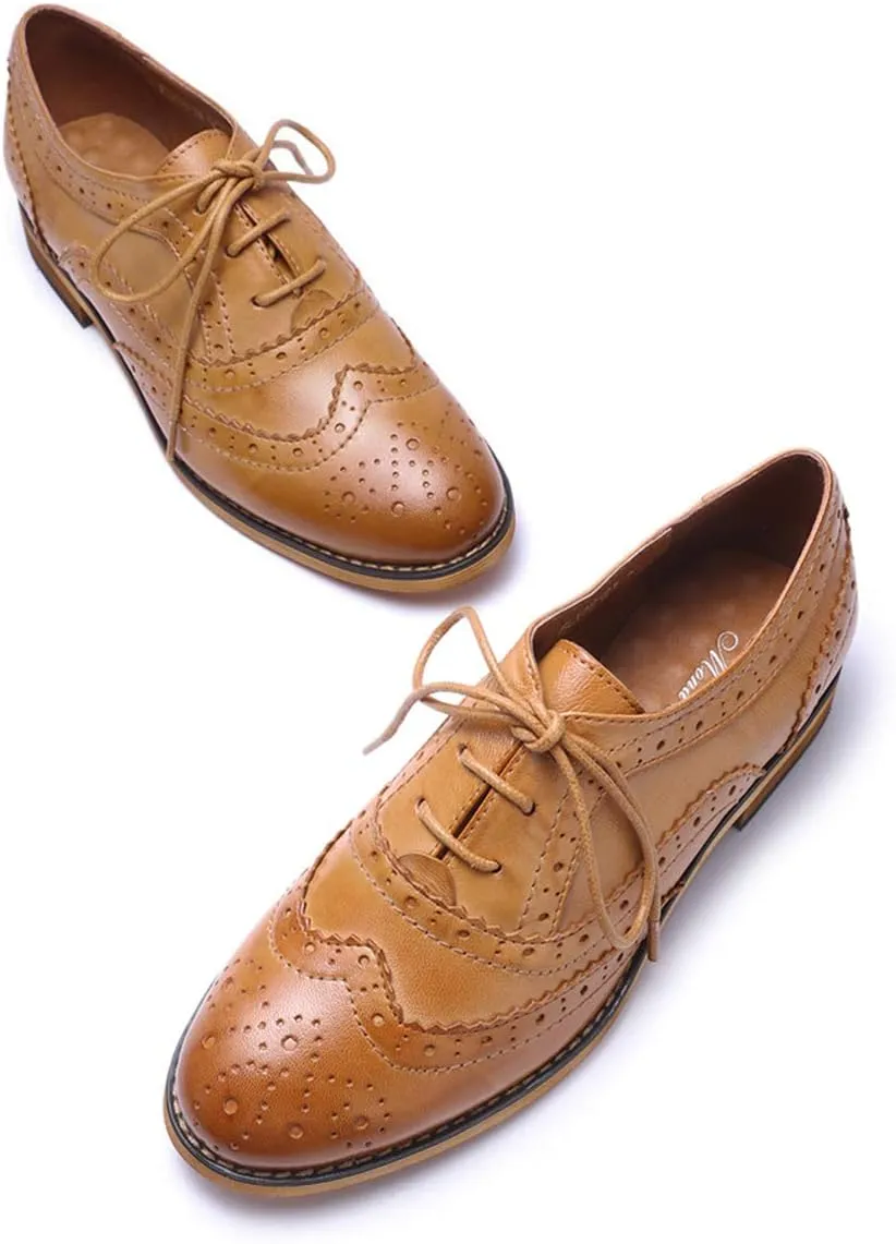 Mona flying Womens Handcrafted Comfy Wingtip Oxfords Brogue Ladies Lace up Leather Shoes
