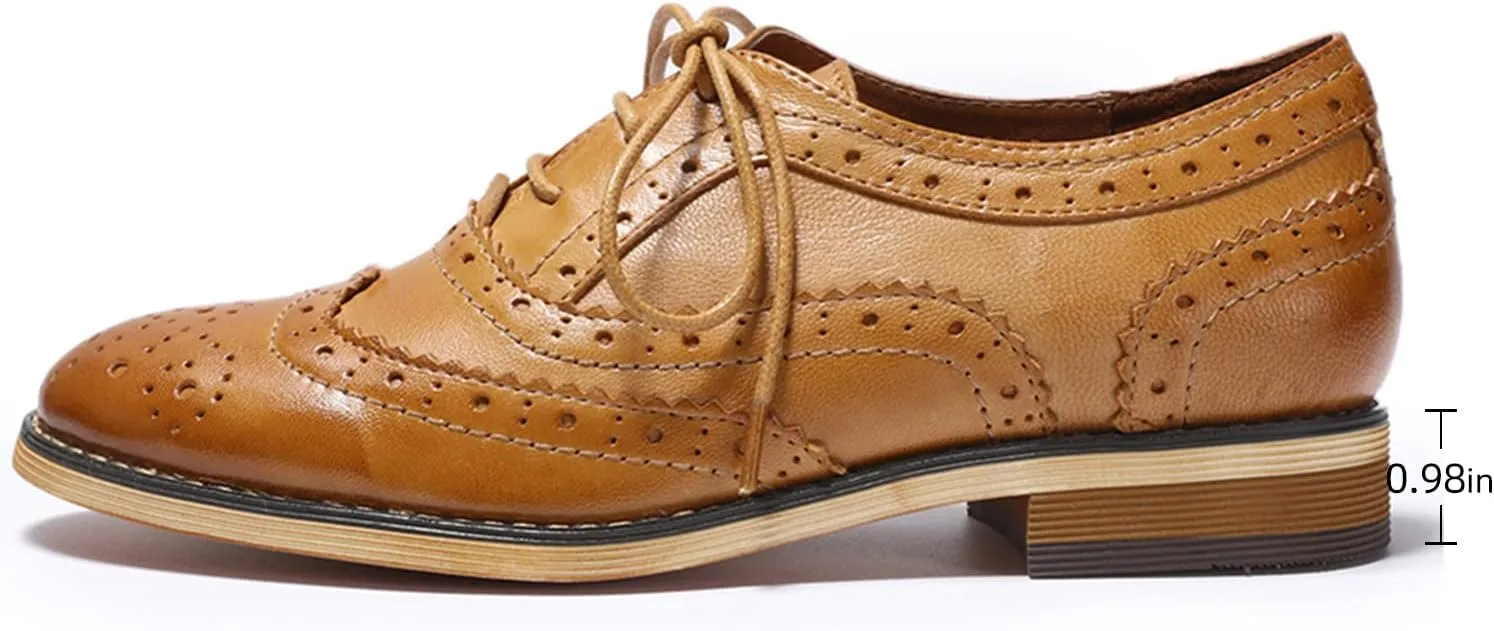 Mona flying Womens Handcrafted Comfy Wingtip Oxfords Brogue Ladies Lace up Leather Shoes
