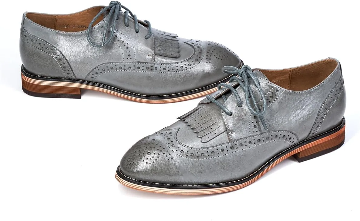 Mona flying Women's Handcrafted Wingtip Oxfords Brogue Vintage Lace up Leather Shoes for Ladies