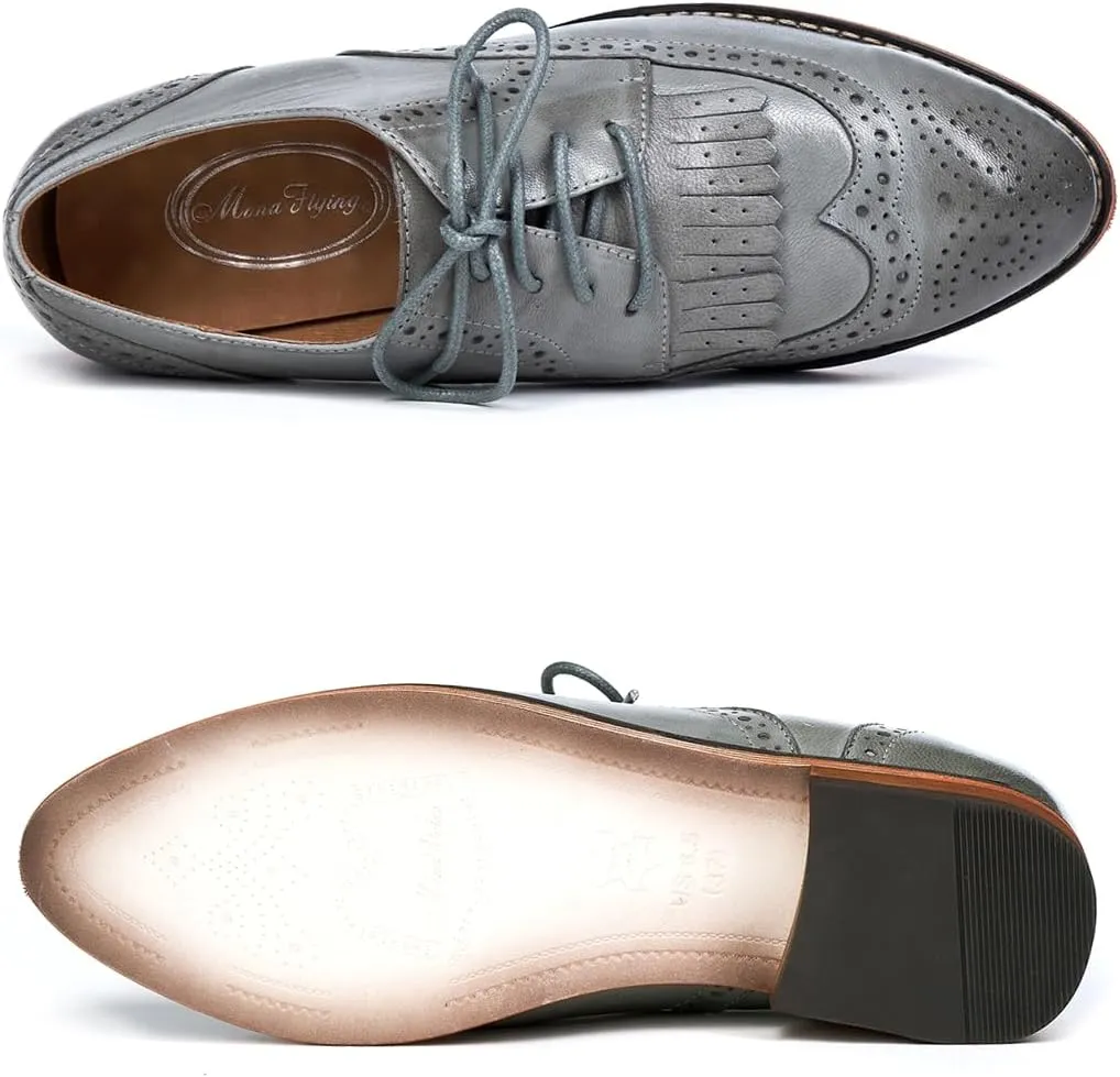 Mona flying Women's Handcrafted Wingtip Oxfords Brogue Vintage Lace up Leather Shoes for Ladies