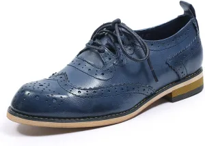 Mona flying Women's Handmade Wingtip Oxfords Comfy Lace up Brogue Leather Shoes for Ladies