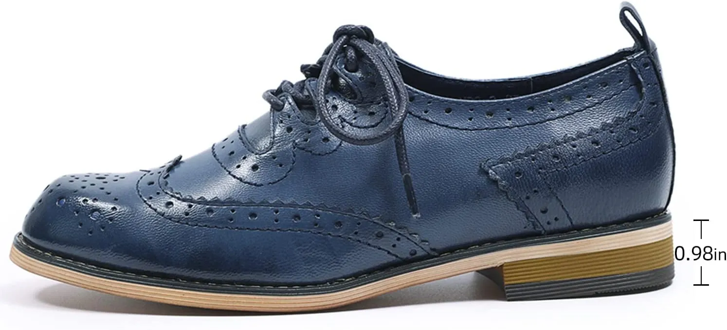 Mona flying Women's Handmade Wingtip Oxfords Comfy Lace up Brogue Leather Shoes for Ladies