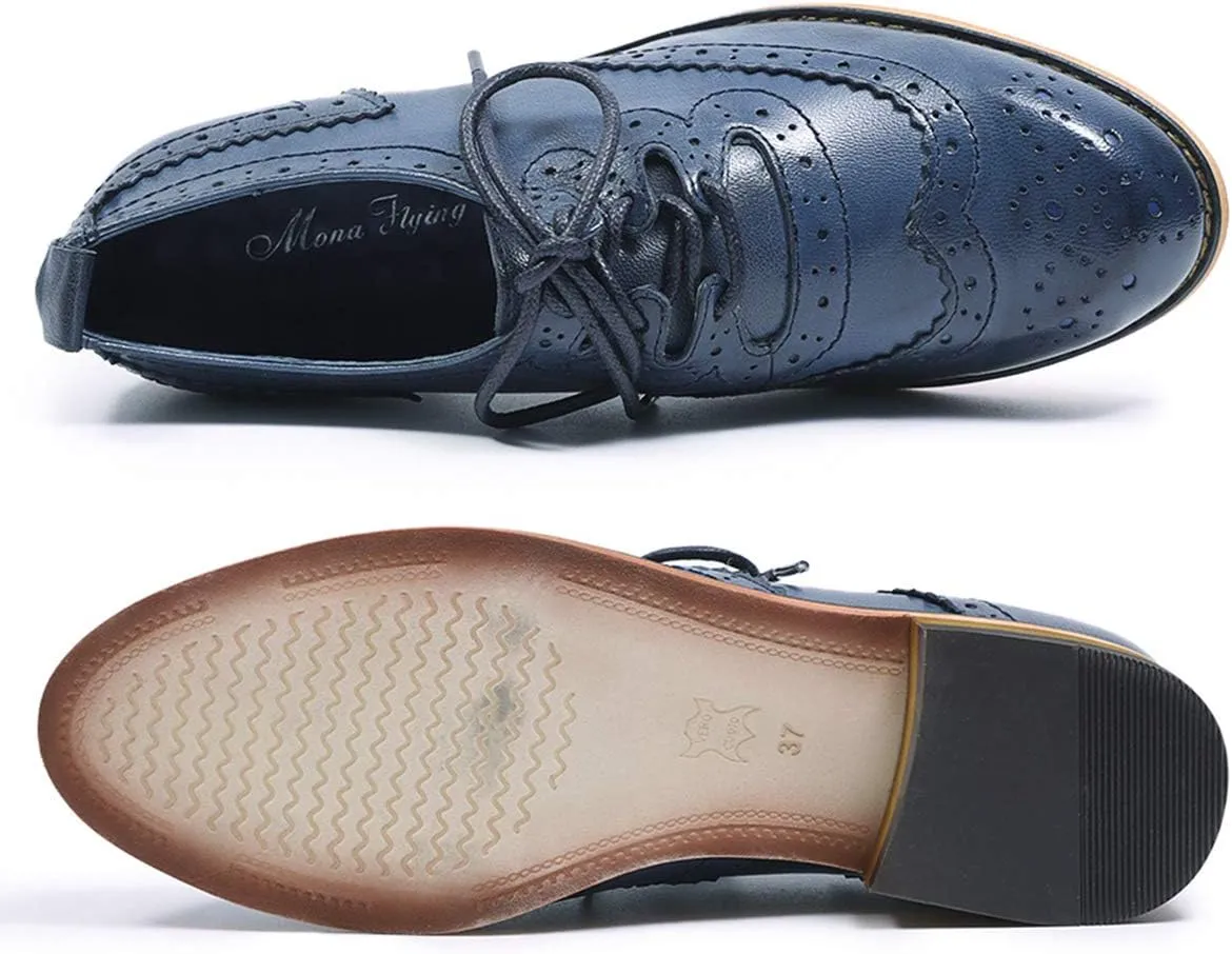 Mona flying Women's Handmade Wingtip Oxfords Comfy Lace up Brogue Leather Shoes for Ladies