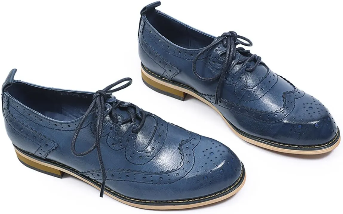 Mona flying Women's Handmade Wingtip Oxfords Comfy Lace up Brogue Leather Shoes for Ladies