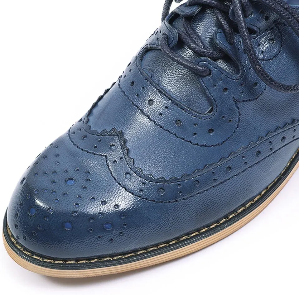 Mona flying Women's Handmade Wingtip Oxfords Comfy Lace up Brogue Leather Shoes for Ladies