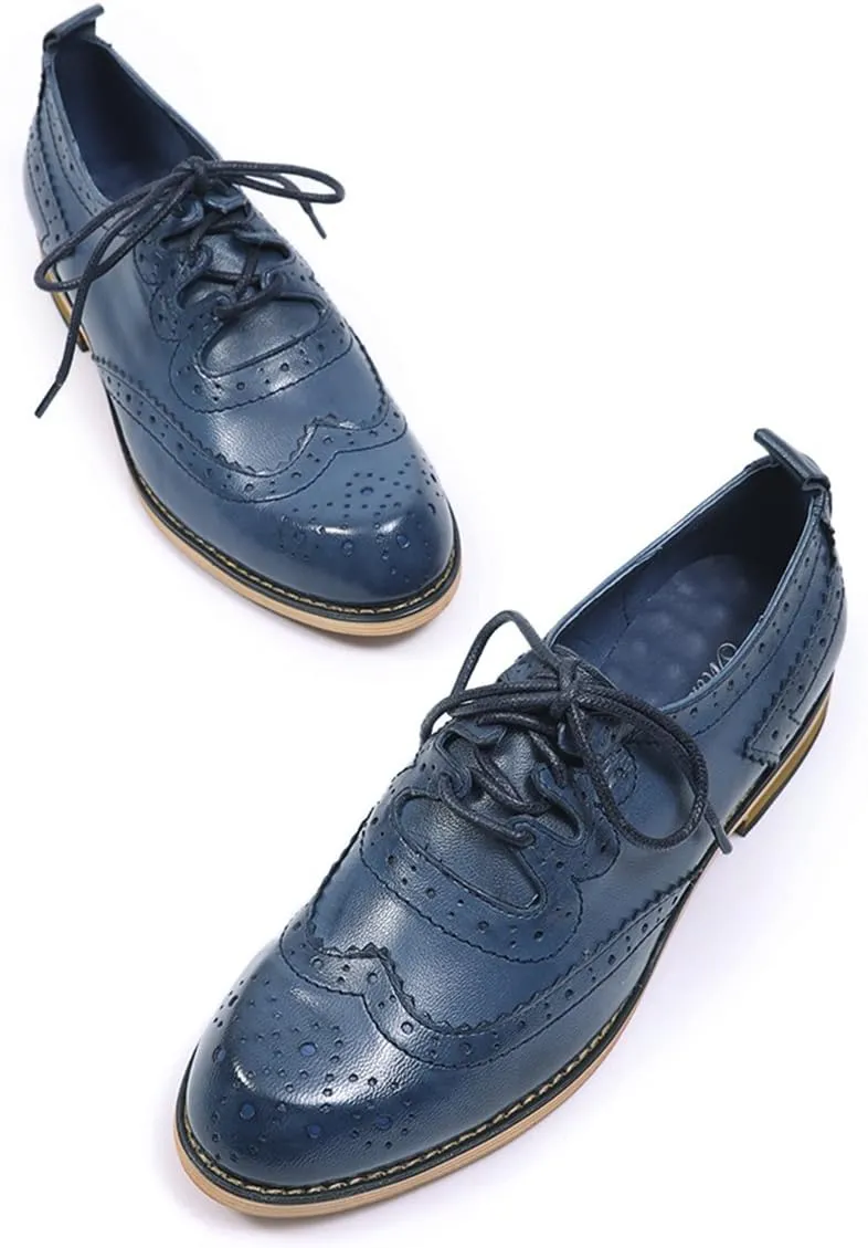 Mona flying Women's Handmade Wingtip Oxfords Comfy Lace up Brogue Leather Shoes for Ladies
