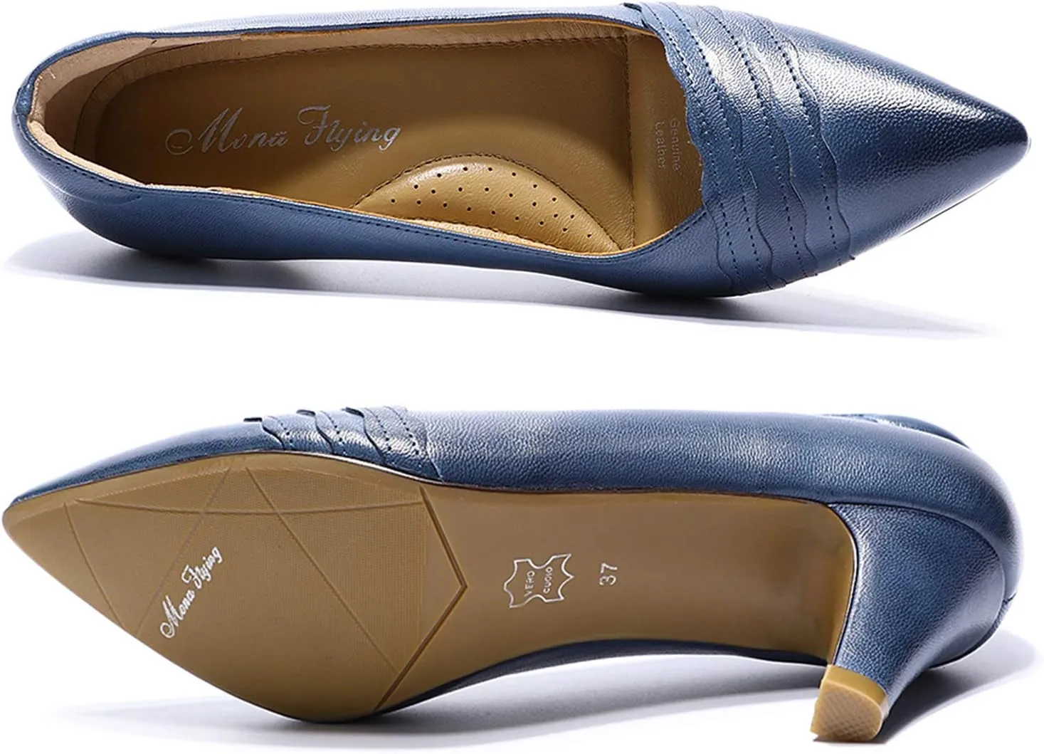 Mona flying Womens Leather Comfortable Pointed Toe Pumps 7cm High Heels Dressy Casual Office Work Shoes for Ladies
