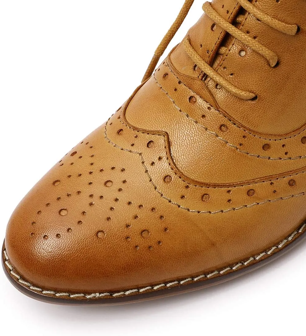 Mona flying Women's Leather Lace-up Wingtip Oxfords Brogue Boots Ankle High Vintage Tie up Booties Ladies Low Heel Short Boots