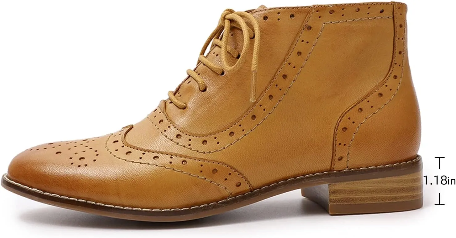 Mona flying Women's Leather Lace-up Wingtip Oxfords Brogue Boots Ankle High Vintage Tie up Booties Ladies Low Heel Short Boots