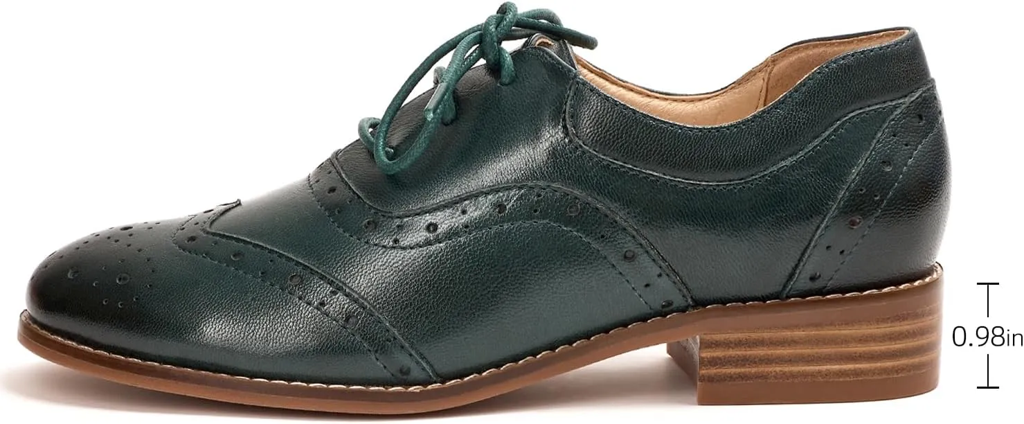 Mona flying Women's Leather Oxfords Brogue Wingtips Lace up Flat Office Work Shoes for Ladies