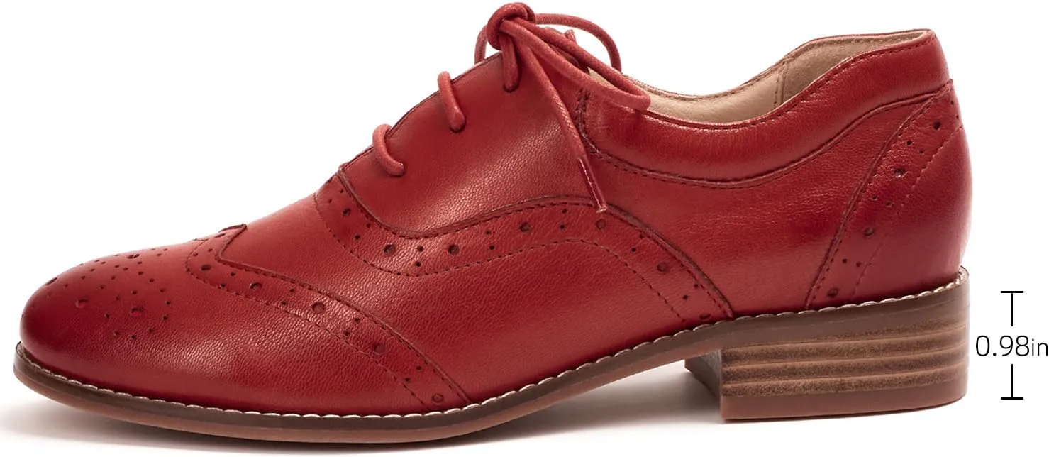 Mona flying Women's Leather Oxfords Brogue Wingtips Lace up Flat Office Work Shoes for Ladies