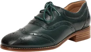 Mona flying Women's Leather Oxfords Brogue Wingtips Lace up Flat Office Work Shoes for Ladies