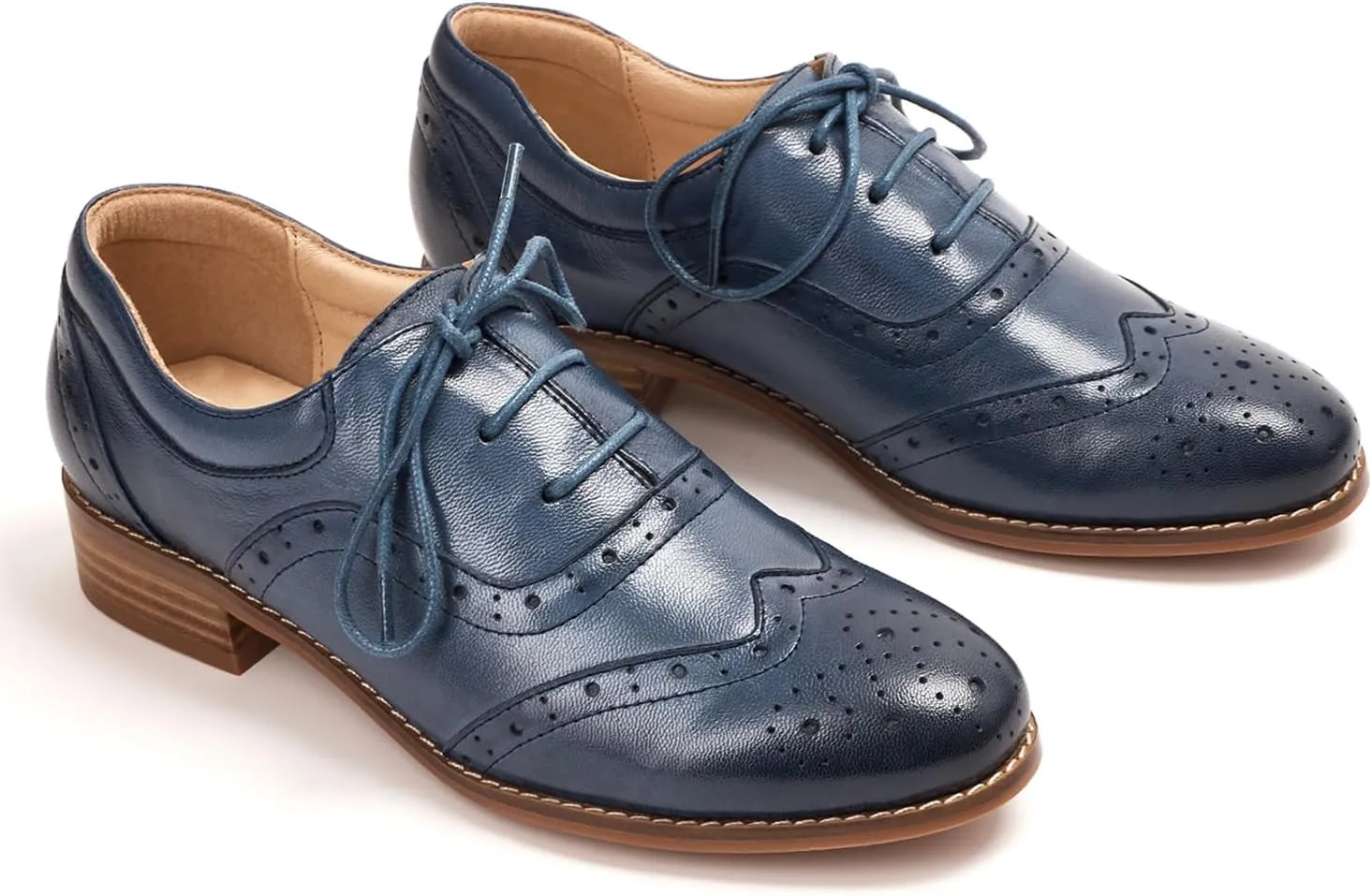 Mona flying Women's Leather Oxfords Brogue Wingtips Lace up Flat Office Work Shoes for Ladies