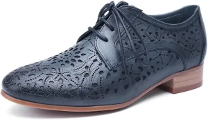 Mona flying Women's Leather Perforated Lace-up Oxfords Brogue Derby Shoes for Ladies