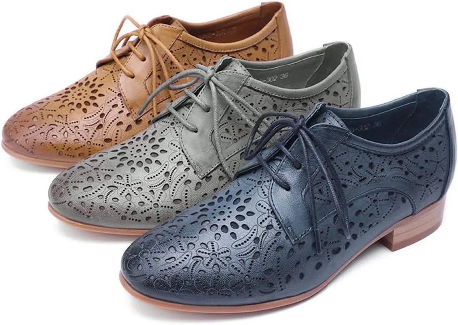 Mona flying Women's Leather Perforated Lace-up Oxfords Brogue Derby Shoes for Ladies