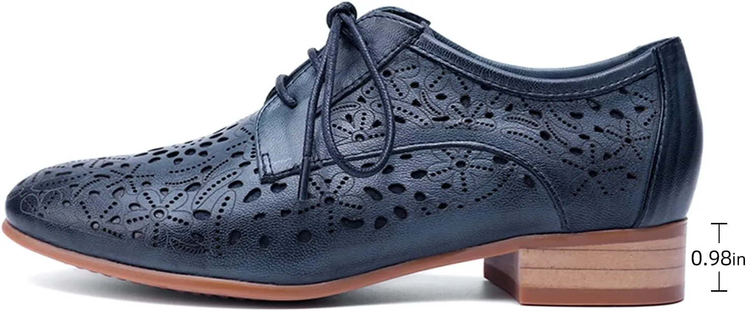 Mona flying Women's Leather Perforated Lace-up Oxfords Brogue Derby Shoes for Ladies