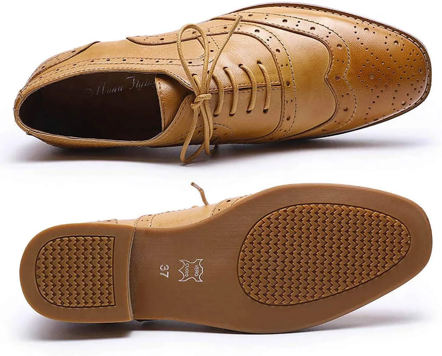 Mona flying Women's Leather Perforated Lace-up Oxfords Brogue Wingtip Derby Shoes for Ladies
