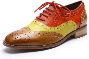 Mona flying Women's Leather Perforated Lace-up Oxfords Brogue Wingtip Derby Shoes for Ladies