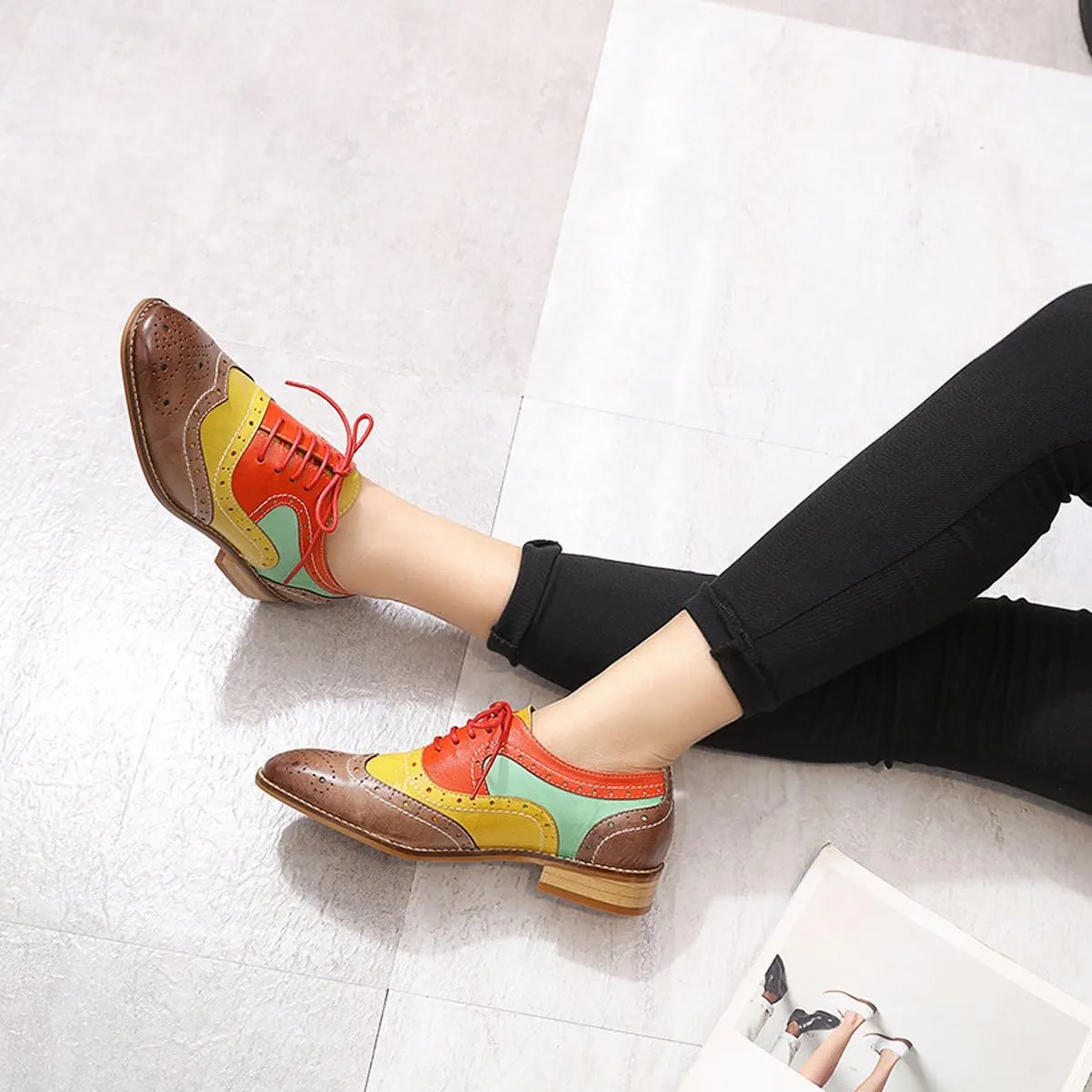 Mona flying Women's Leather Perforated Lace-up Oxfords Brogue Wingtip Derby Shoes for Ladies