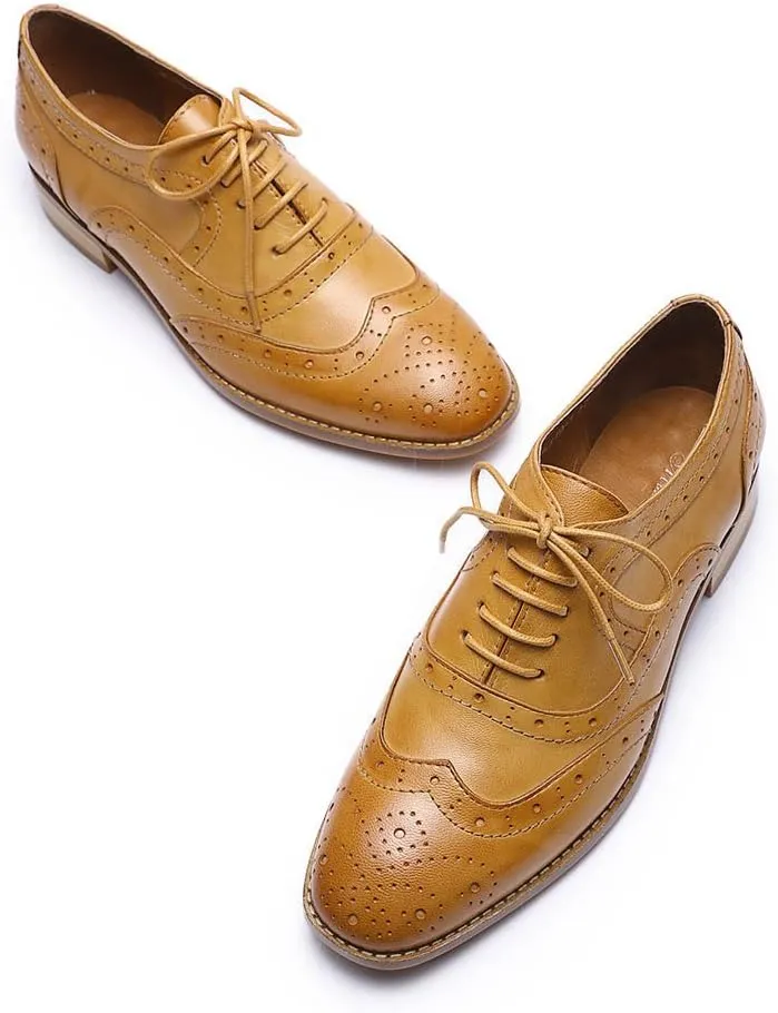 Mona flying Women's Leather Perforated Lace-up Oxfords Brogue Wingtip Derby Shoes for Ladies