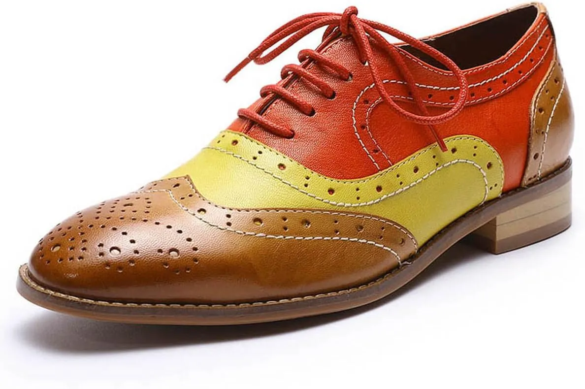 Mona flying Women's Leather Perforated Lace-up Oxfords Brogue Wingtip Derby Shoes for Ladies