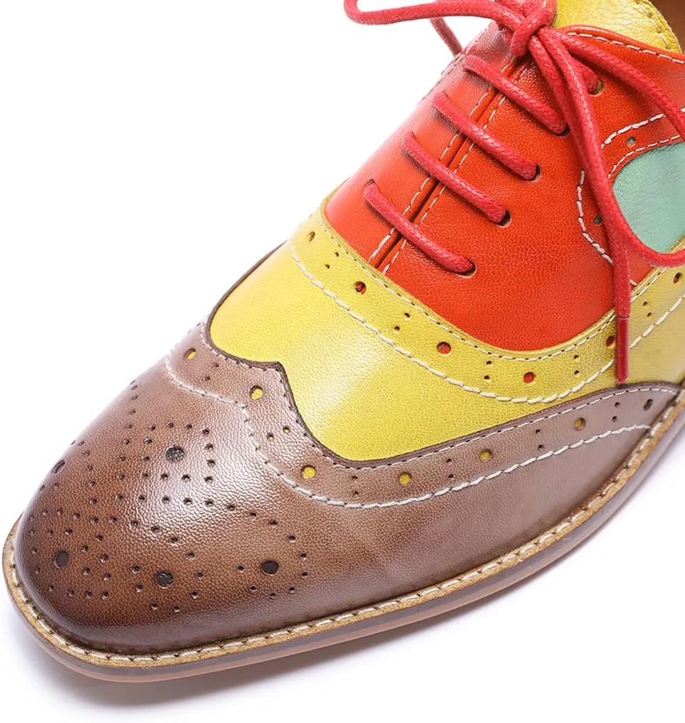 Mona flying Women's Leather Perforated Lace-up Oxfords Brogue Wingtip Derby Shoes for Ladies