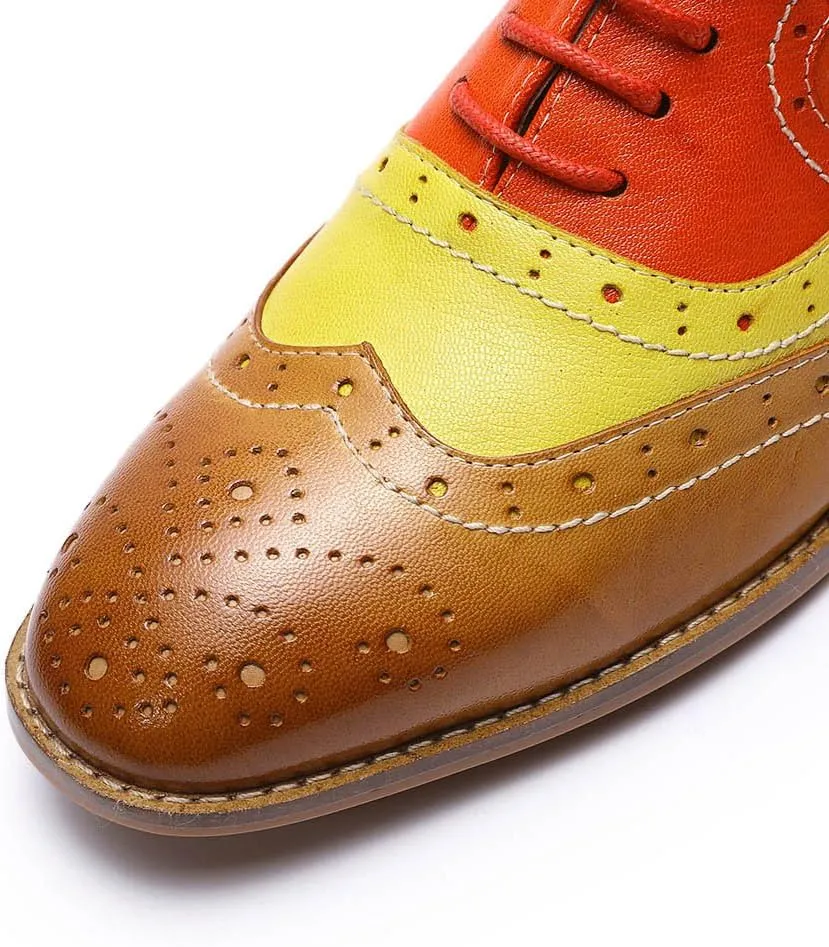 Mona flying Women's Leather Perforated Lace-up Oxfords Brogue Wingtip Derby Shoes for Ladies