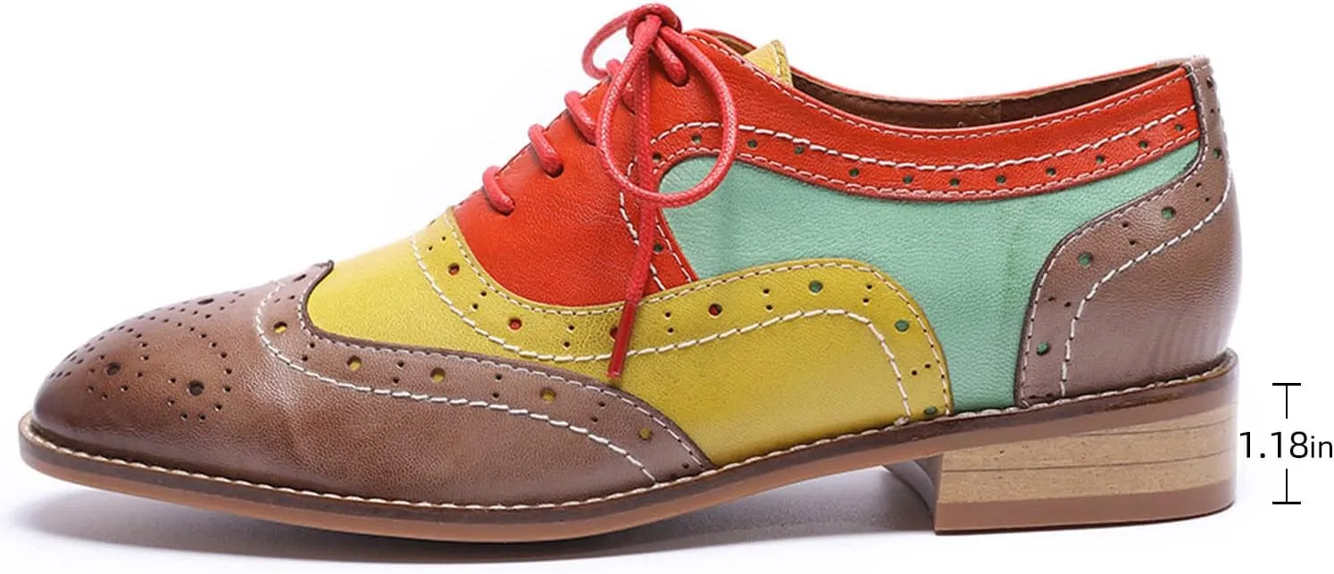 Mona flying Women's Leather Perforated Lace-up Oxfords Brogue Wingtip Derby Shoes for Ladies
