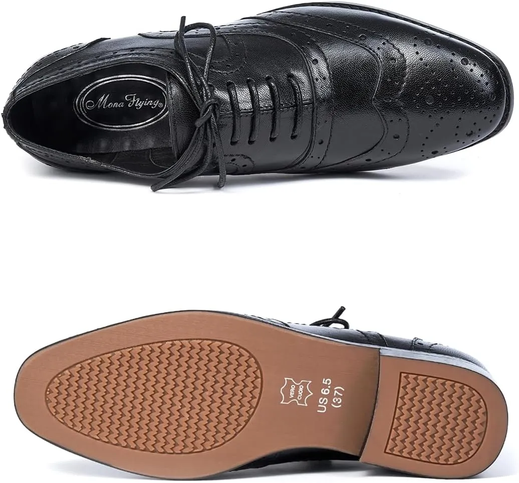 Mona flying Women's Leather Perforated Lace-up Oxfords Brogue Wingtip Derby Shoes for Ladies