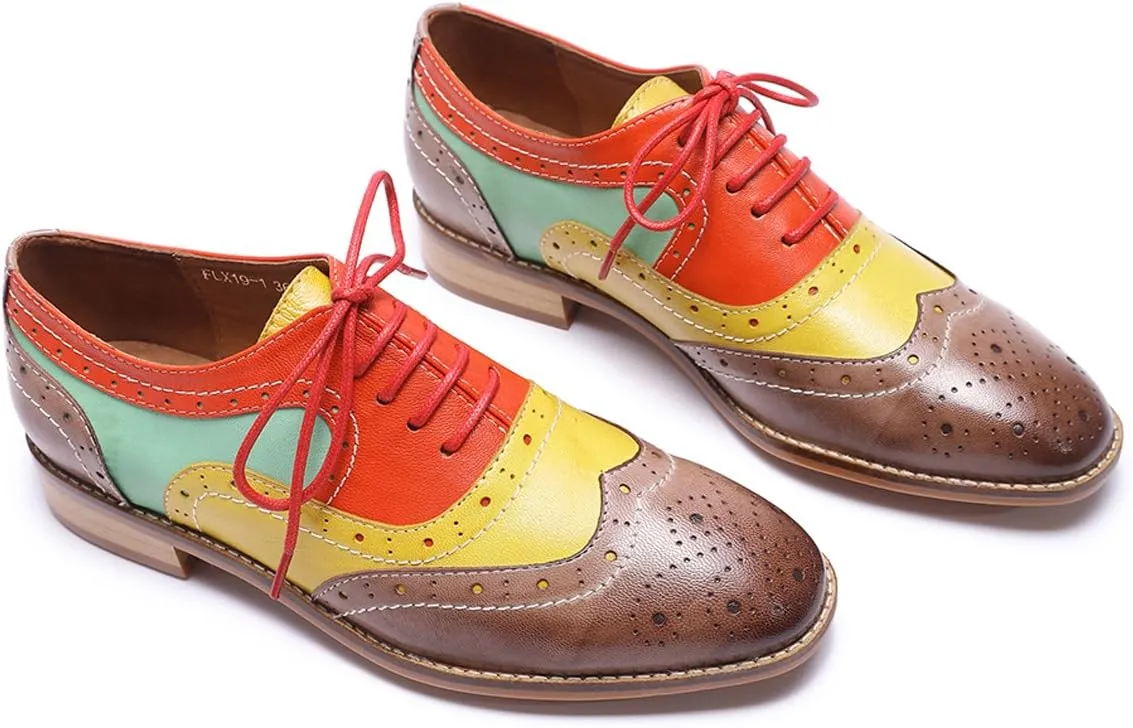 Mona flying Women's Leather Perforated Lace-up Oxfords Brogue Wingtip Derby Shoes for Ladies