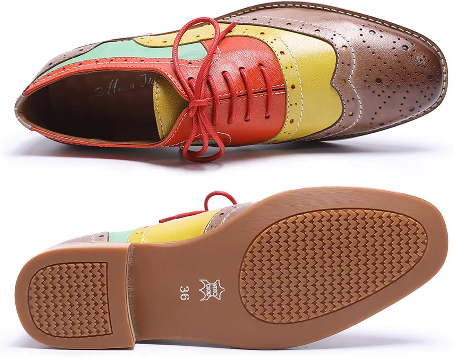Mona flying Women's Leather Perforated Lace-up Oxfords Brogue Wingtip Derby Shoes for Ladies
