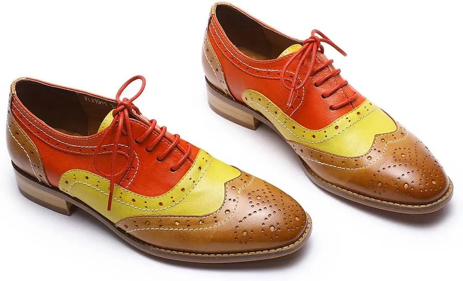 Mona flying Women's Leather Perforated Lace-up Oxfords Brogue Wingtip Derby Shoes for Ladies