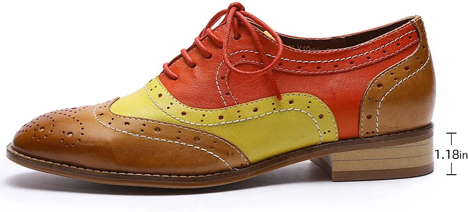 Mona flying Women's Leather Perforated Lace-up Oxfords Brogue Wingtip Derby Shoes for Ladies