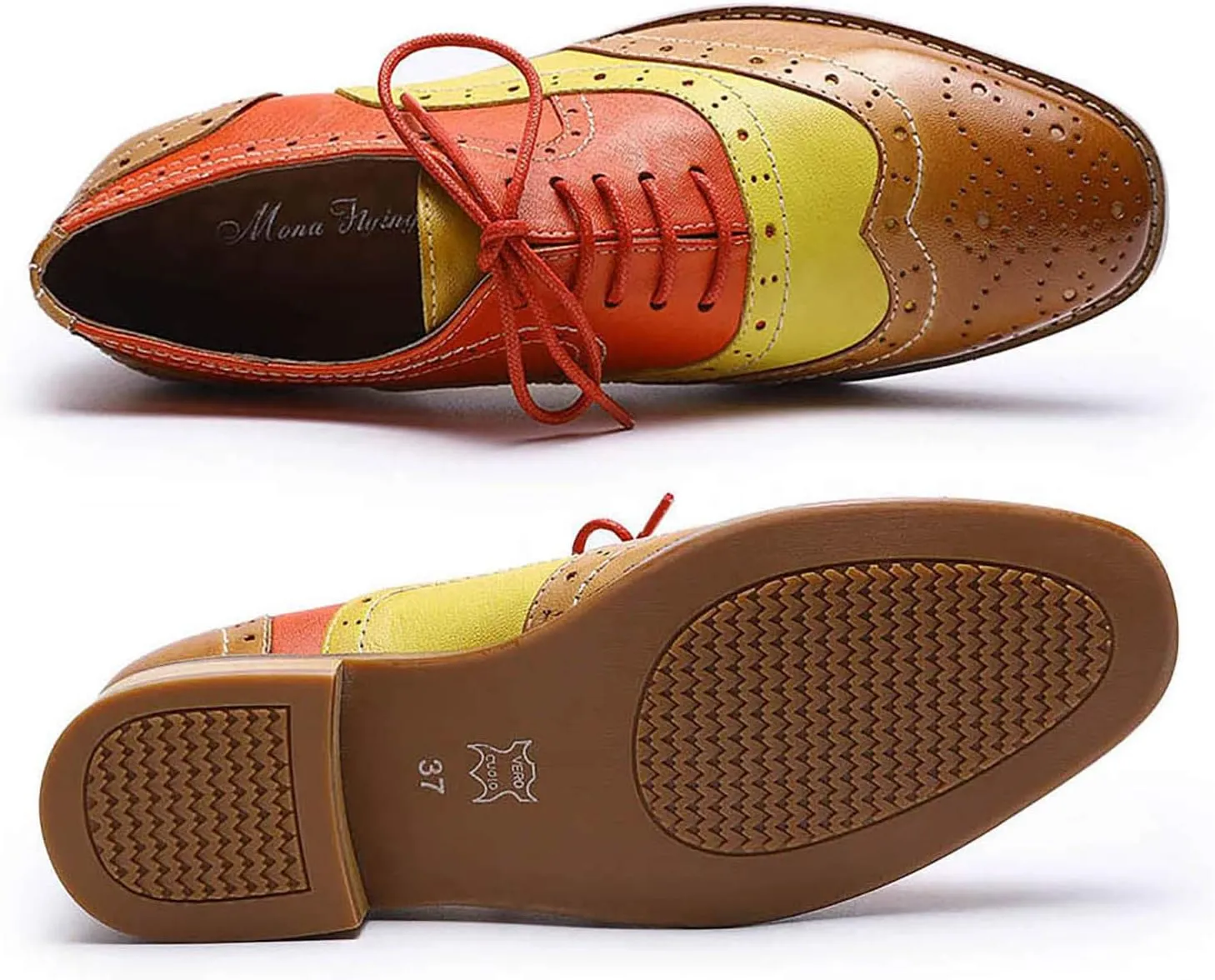 Mona flying Women's Leather Perforated Lace-up Oxfords Brogue Wingtip Derby Shoes for Ladies