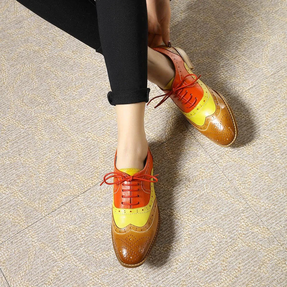 Mona flying Women's Leather Perforated Lace-up Oxfords Brogue Wingtip Derby Shoes for Ladies