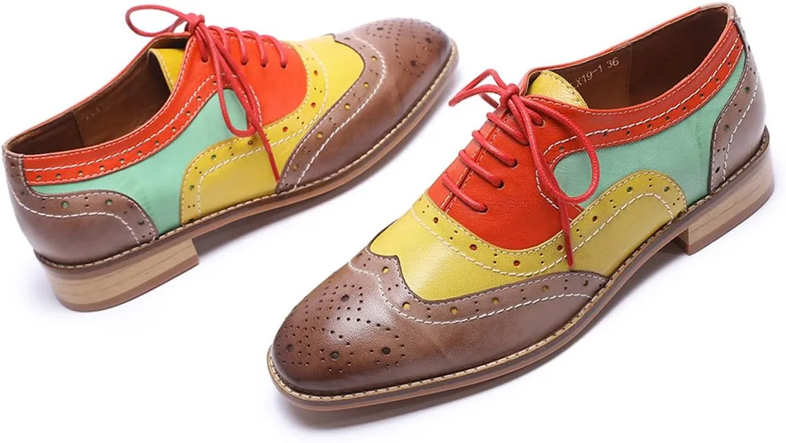 Mona flying Women's Leather Perforated Lace-up Oxfords Brogue Wingtip Derby Shoes for Ladies