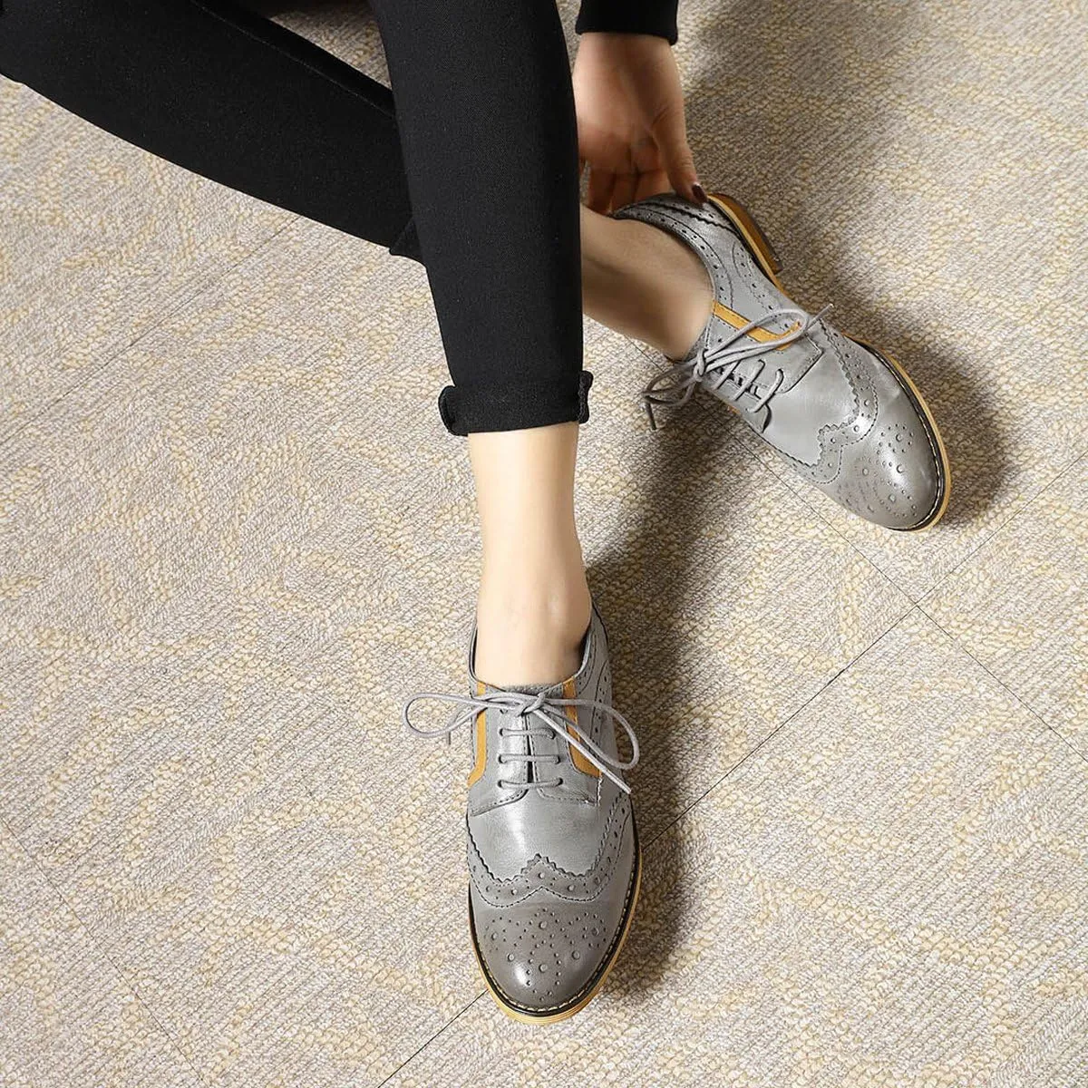 Mona flying Women's Leather Perforated Lace-up Oxfords Brogue Wingtip Derby Shoes for ladis Women