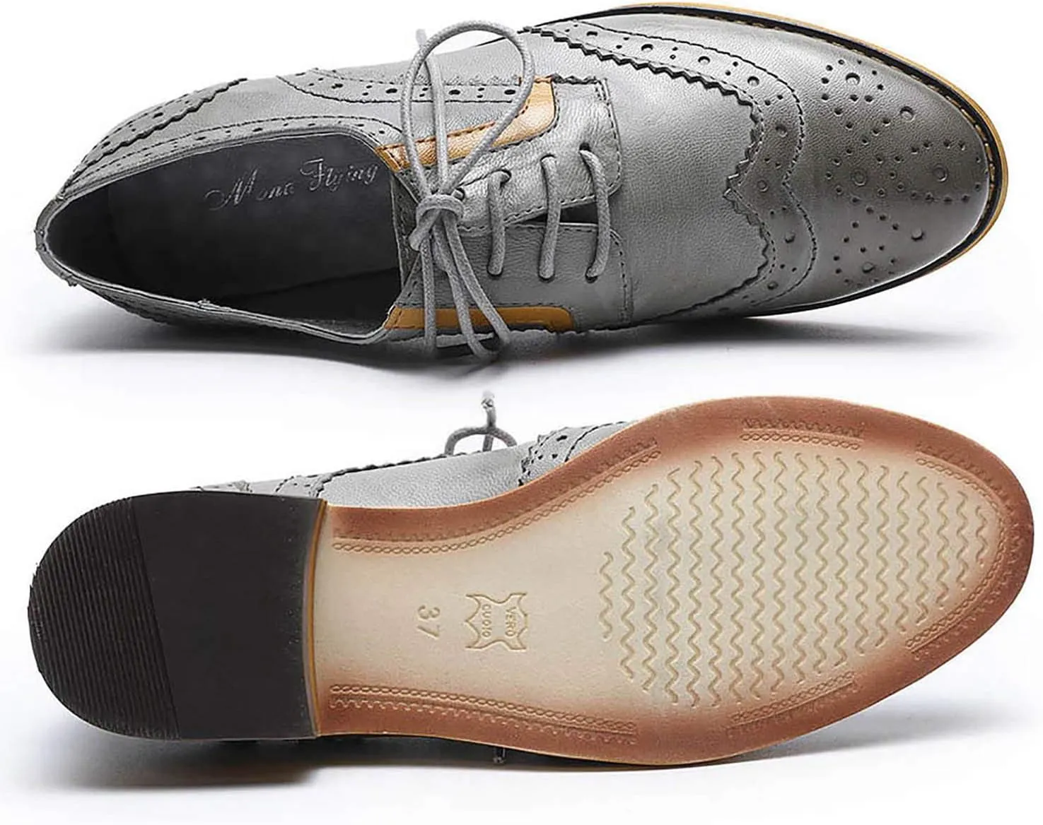 Mona flying Women's Leather Perforated Lace-up Oxfords Brogue Wingtip Derby Shoes for ladis Women