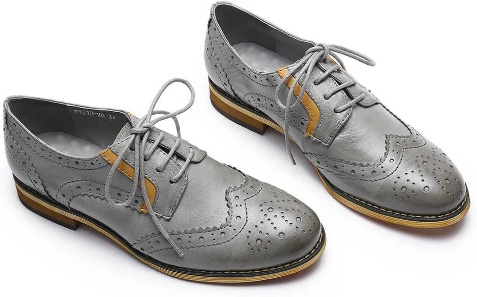 Mona flying Women's Leather Perforated Lace-up Oxfords Brogue Wingtip Derby Shoes for ladis Women