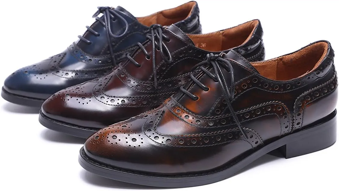 Mona flying Women's Leather Perforated Lace-up Oxfords Brogue Wingtip Shoes for Ladies Women