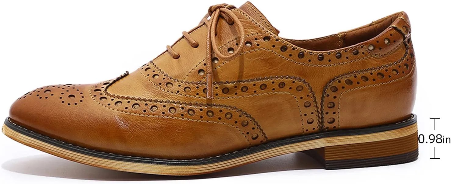 Mona flying Women's Leather Perforated Lace-up Oxfords Brogue Wingtip Shoes for Ladies Women