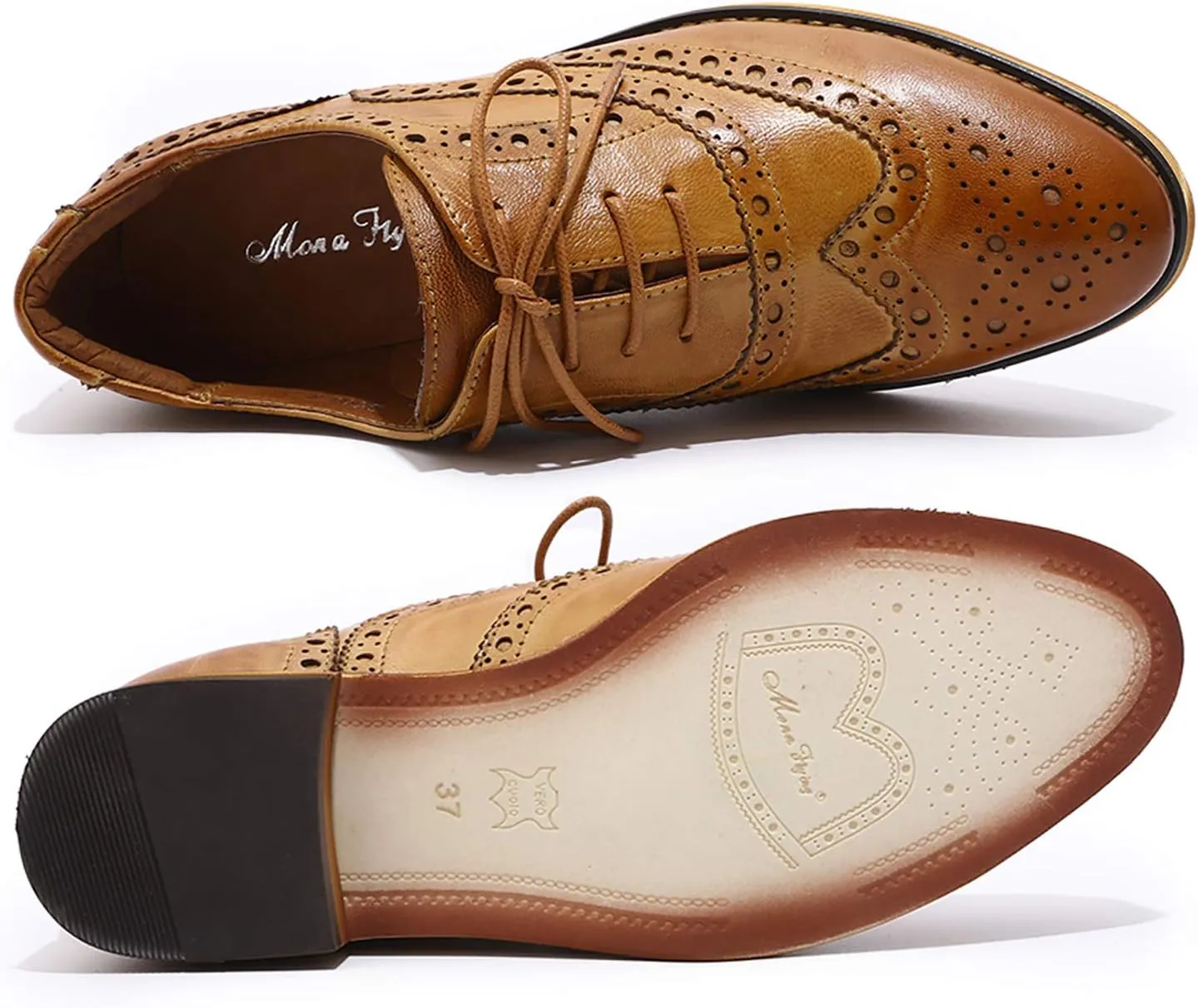 Mona flying Women's Leather Perforated Lace-up Oxfords Brogue Wingtip Shoes for Ladies Women