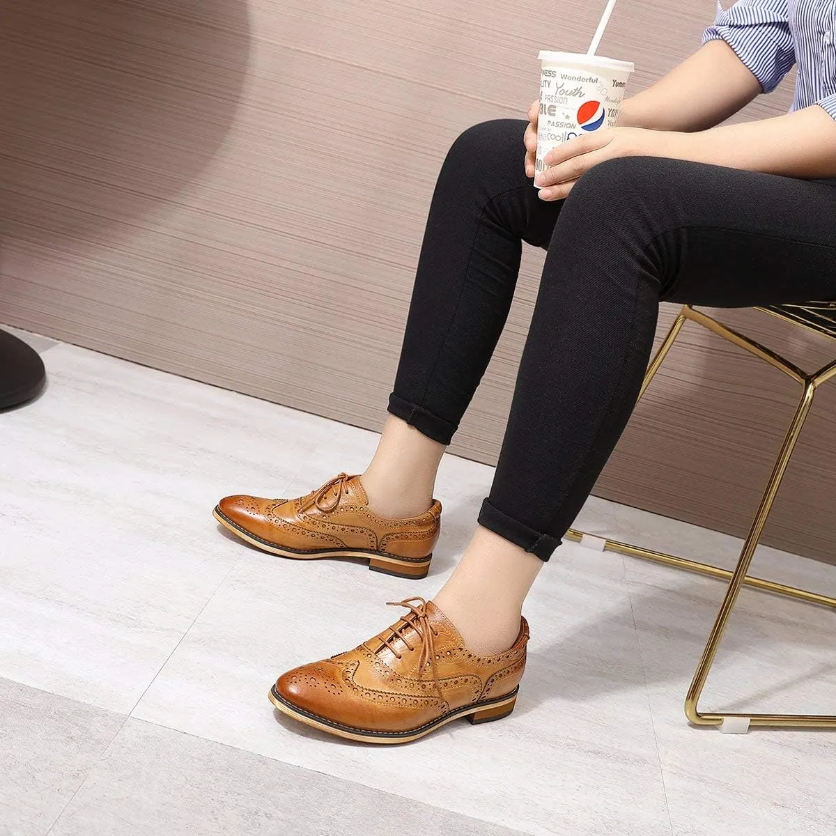 Mona flying Women's Leather Perforated Lace-up Oxfords Brogue Wingtip Shoes for Ladies Women